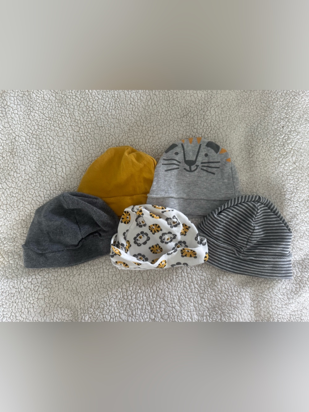 5-Pack Baby Beanie Set - Gray, Mustard, White Lion & Stripe Styles